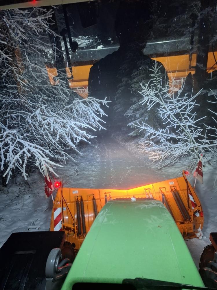 Schneepflug im Wald mit Ästen im Weg