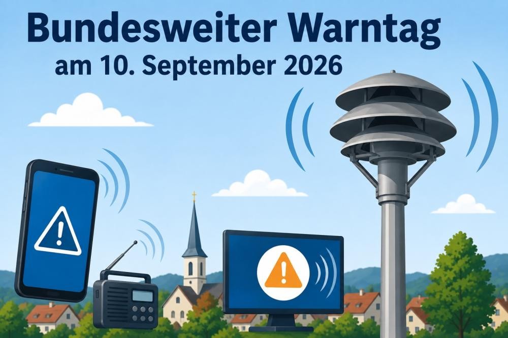 Information Bundesweiter Warntag mit Sirene, Handy, Laptop und Dordansicht